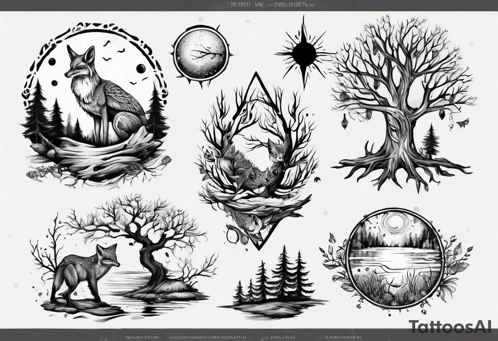 sonne, eule  wald, fuchs 
baum, sapere aude, Wasser, fisch tattoo idea