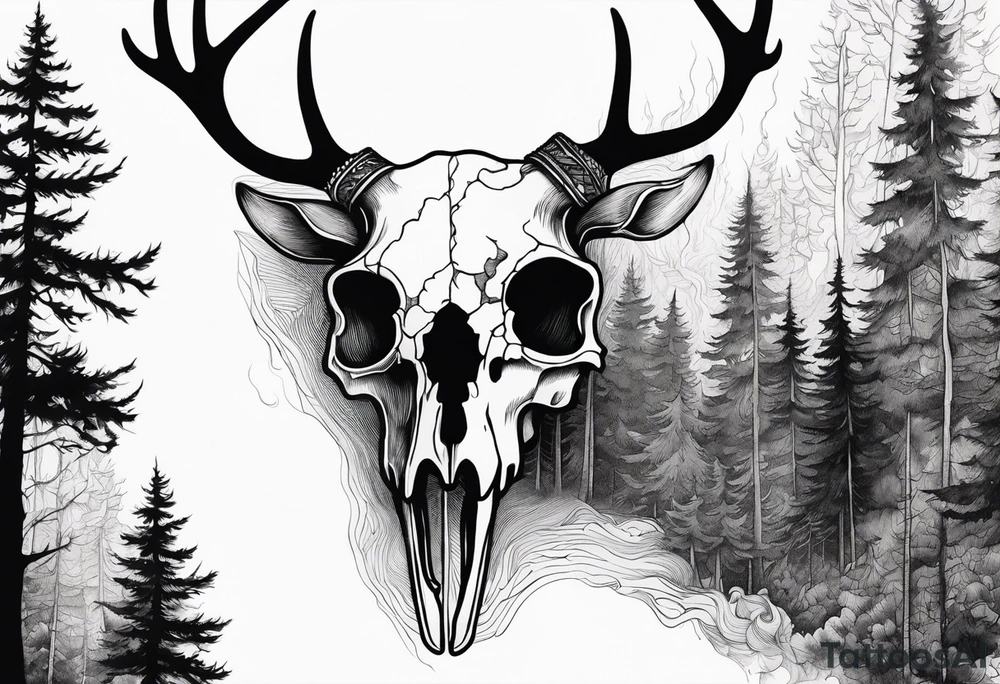 scary side view of a DECAYING deer skull JUST BONE surrounded by a forest fire in background tattoo idea