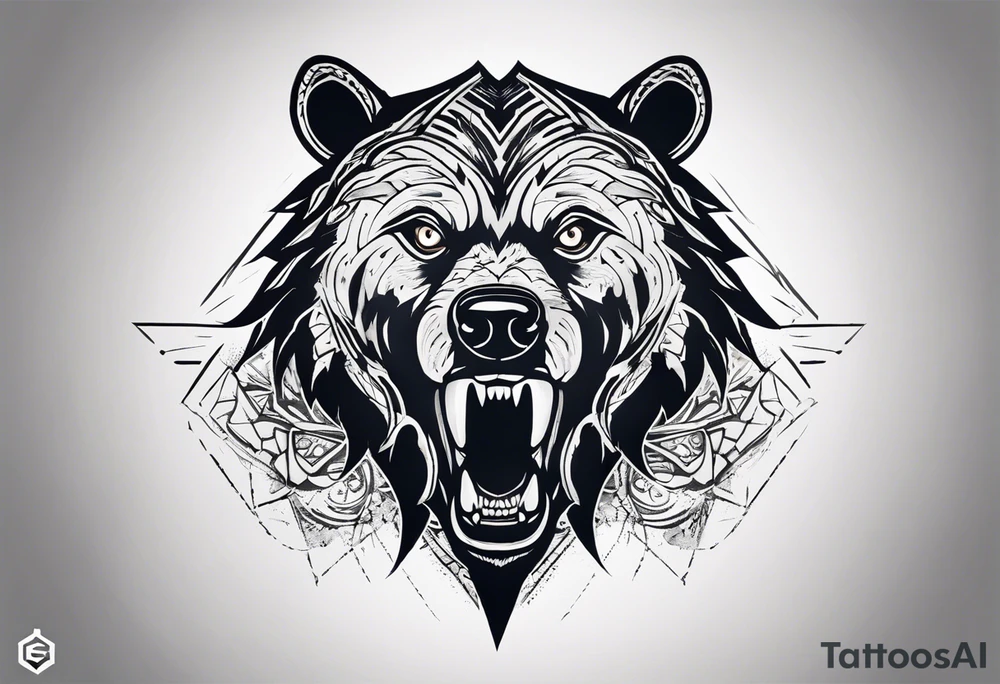 A tattoo designed for the knee, featuring the face of a feral bear with wild, exaggerated features, such as sharp fangs, intense eyes, and a snarling expression. The design incorporates large areas of white space for contrast, with beams of light or energy radiating outward from the beast’s eyes in a chaotic and powerful pattern. The overall look should be bold and primal, with flowing lines that adapt naturally to the curvature of the knee. tattoo idea