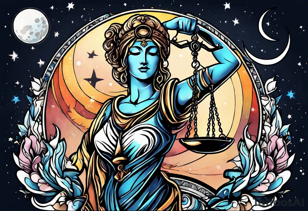 Themis holding the scales of justice while blindfolded with a moon in the background in color tattoo idea