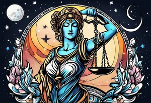 Themis holding the scales of justice while blindfolded with a moon in the background in color tattoo idea