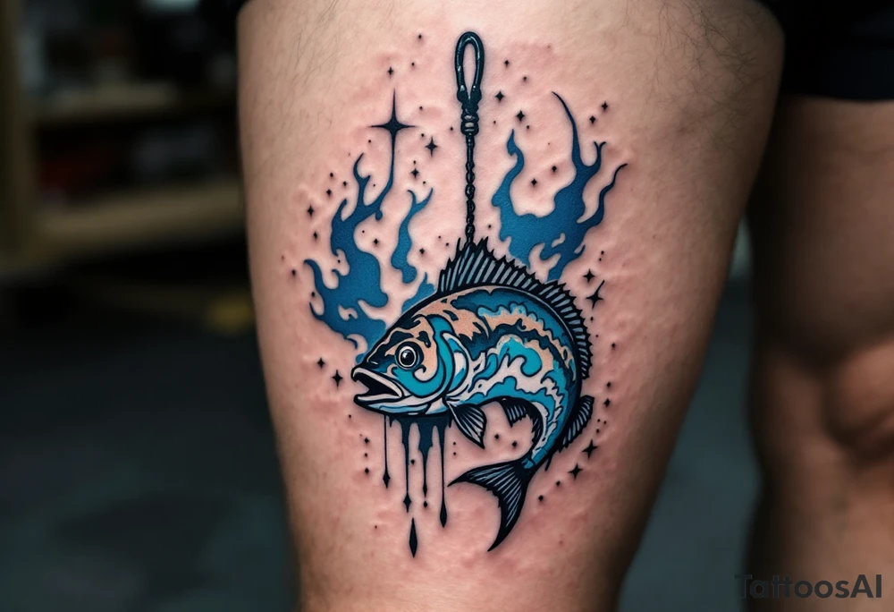 Hook with Fish Silhouette – A black fishing hook with a silhouette of a fish dangling on the line, both intricately detailed in shades of blue and gray to highlight the connection between hunter and prey. tattoo idea