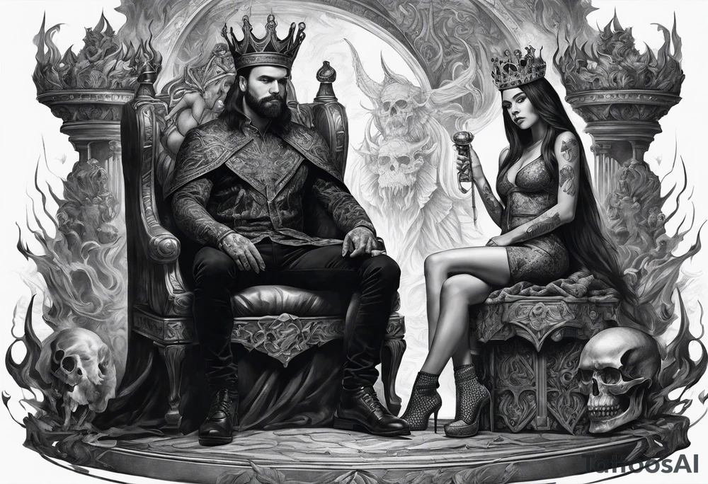 A man wearing a black crown sitting on a throne and a women standing next to him in Hell sitting on skulls with flame above tattoo idea