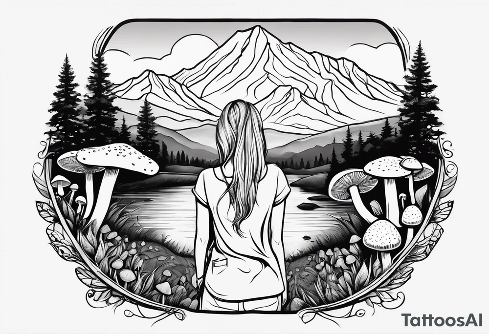 Straight long blonde hair hippie girl in distance holding mushrooms in hand facing away toward mountains and creek surrounded by mushrooms tee shirt and hiking pants tattoo idea