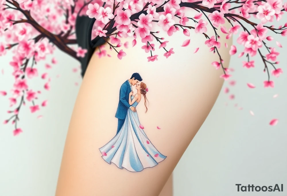 A watercolor-style bride and groom dancing under a soft pink cherry blossom tree, with delicate petals falling around them tattoo idea