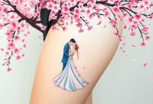A watercolor-style bride and groom dancing under a soft pink cherry blossom tree, with delicate petals falling around them tattoo idea