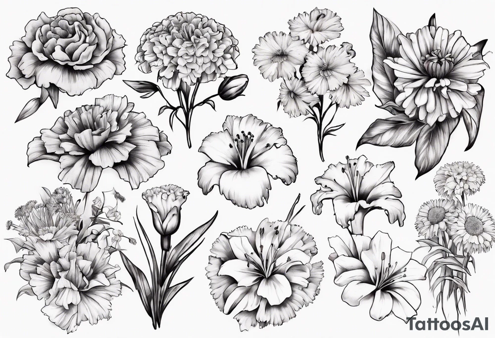 Bouquet of marigolds, lilies, morning glories, asters, violets, and carnations tattoo idea