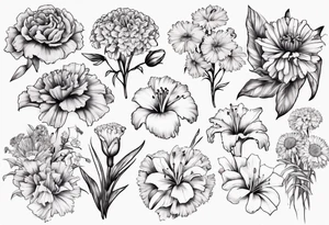 Bouquet of marigolds, lilies, morning glories, asters, violets, and carnations tattoo idea