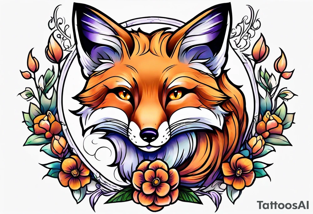 Neo traditional fox with violets tattoo idea