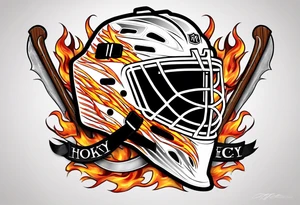 goalie mask with crossed hockey sticks and flames that says "SHOT HOCKEY" tattoo idea