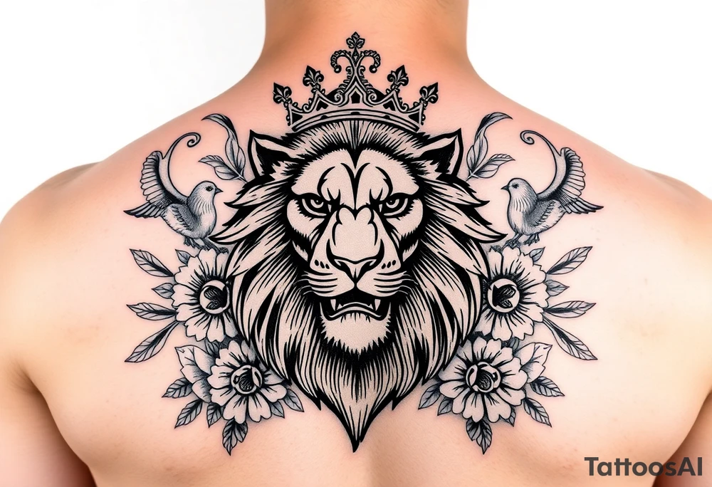 powerful majestic lion with a crown, surrounded by floral ornaments and birds tattoo idea