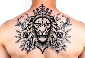 powerful majestic lion with a crown, surrounded by floral ornaments and birds tattoo idea