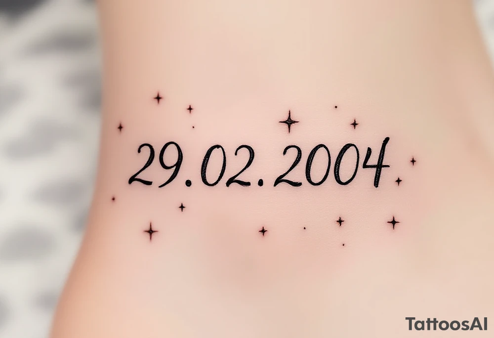 Hand-drawn date 29.02.2004 in a faded graphite tone with small stars scattered around it. tattoo idea