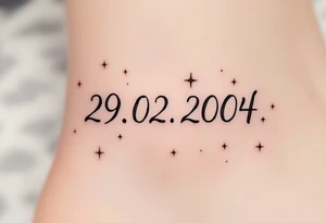 Hand-drawn date 29.02.2004 in a faded graphite tone with small stars scattered around it. tattoo idea
