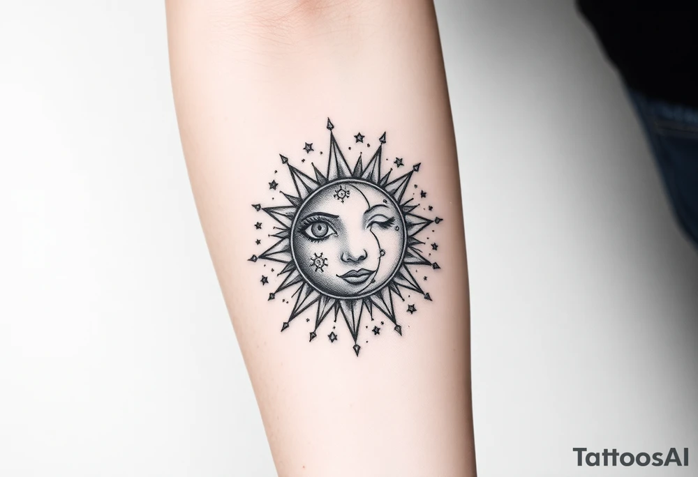 celestial sun and moon embrace with constellation patterns tattoo idea