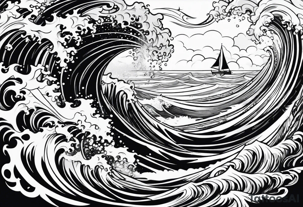 Poseidon im Vordergrund mit Windsurfer und Wellen im Hintergrund tattoo idea