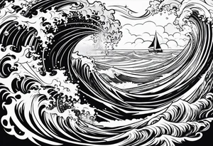 Poseidon im Vordergrund mit Windsurfer und Wellen im Hintergrund tattoo idea