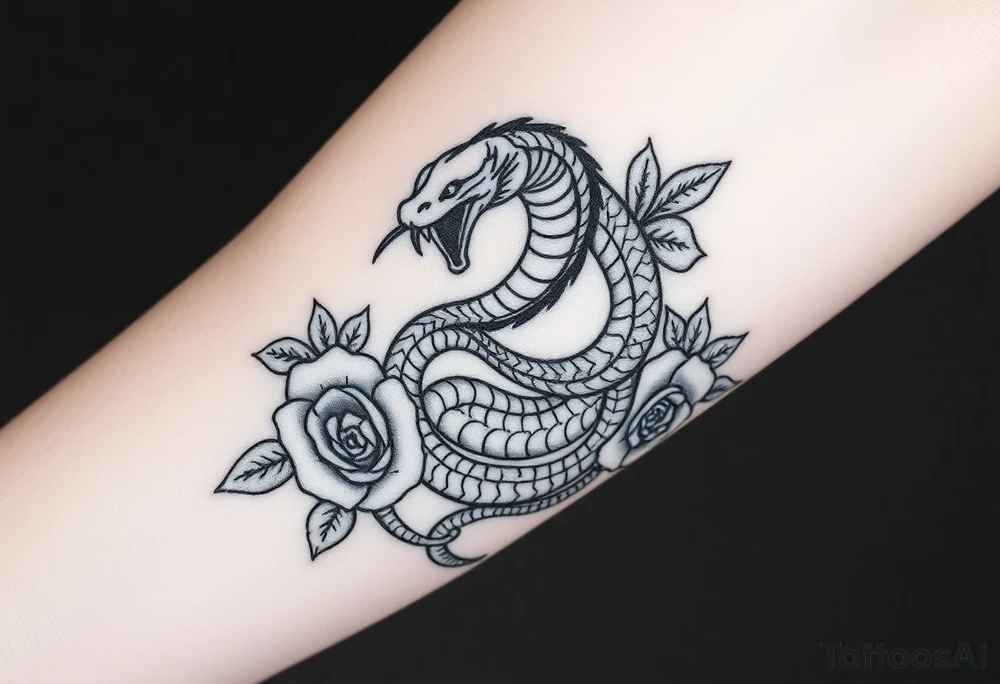 powerful majestic snake surrounded by rose ornaments tattoo idea