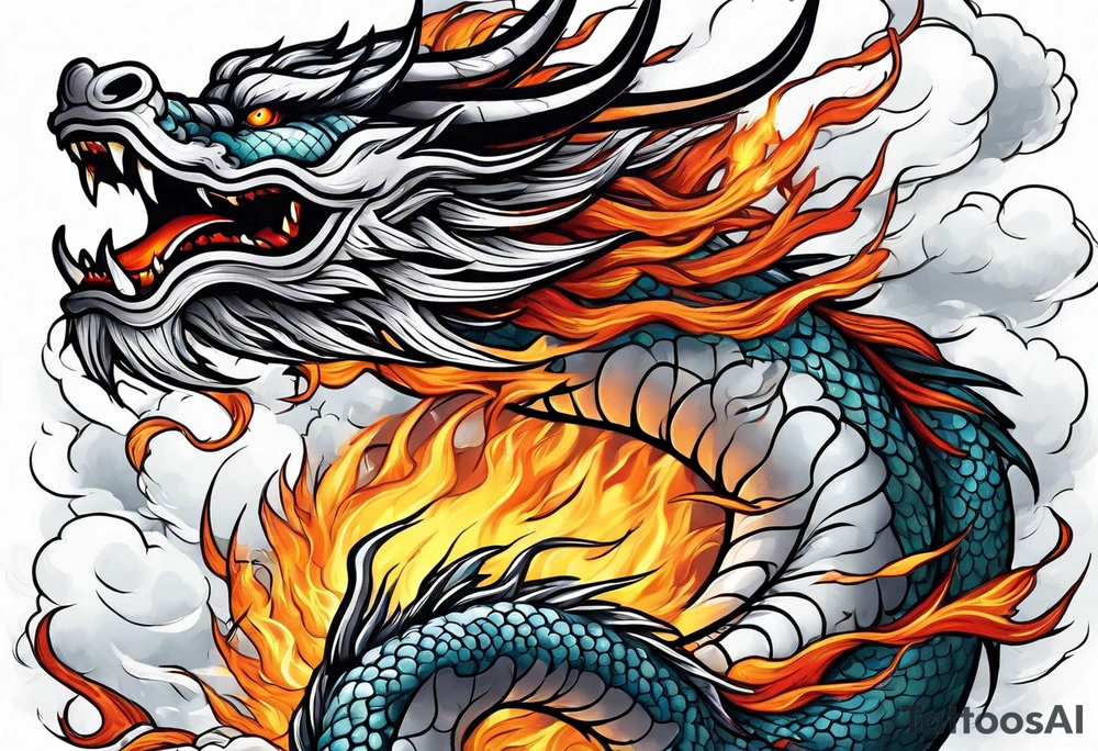 chinese dragon blowing fire while flying through a thunderstorm tattoo idea