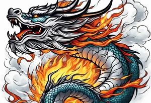 chinese dragon blowing fire while flying through a thunderstorm tattoo idea