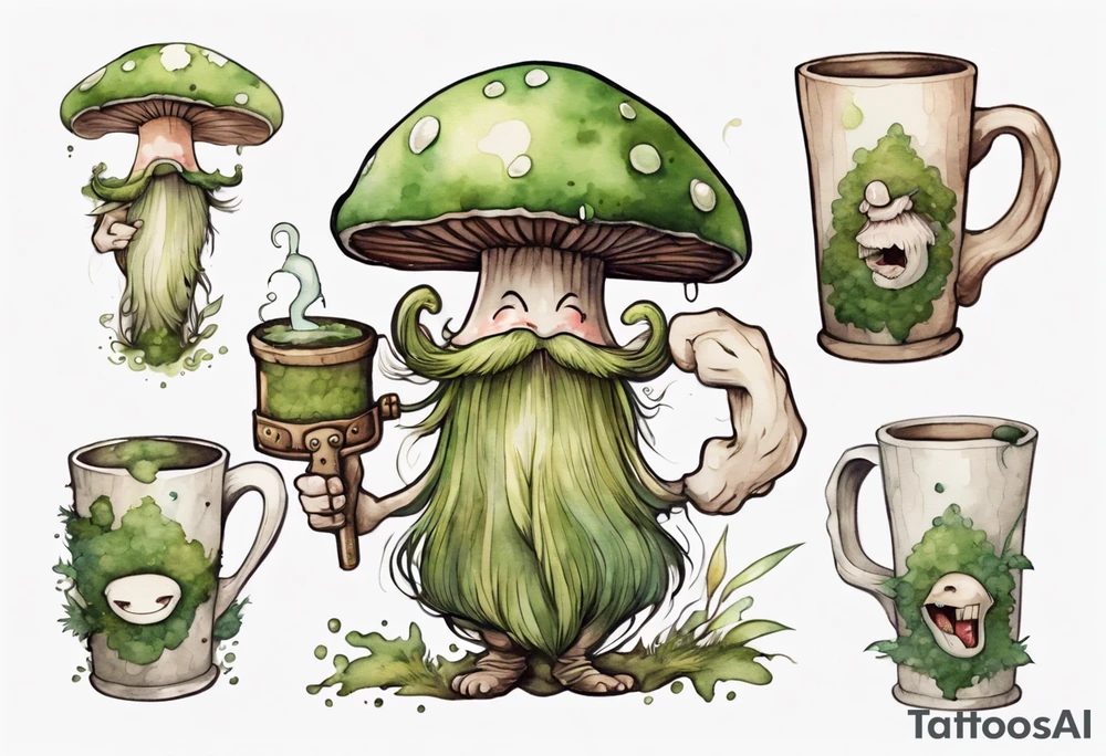 a medieval mushroom with a face and a moss beard and arms and legs drinking from a wood mug, laughing tattoo idea