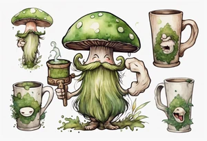 a medieval mushroom with a face and a moss beard and arms and legs drinking from a wood mug, laughing tattoo idea