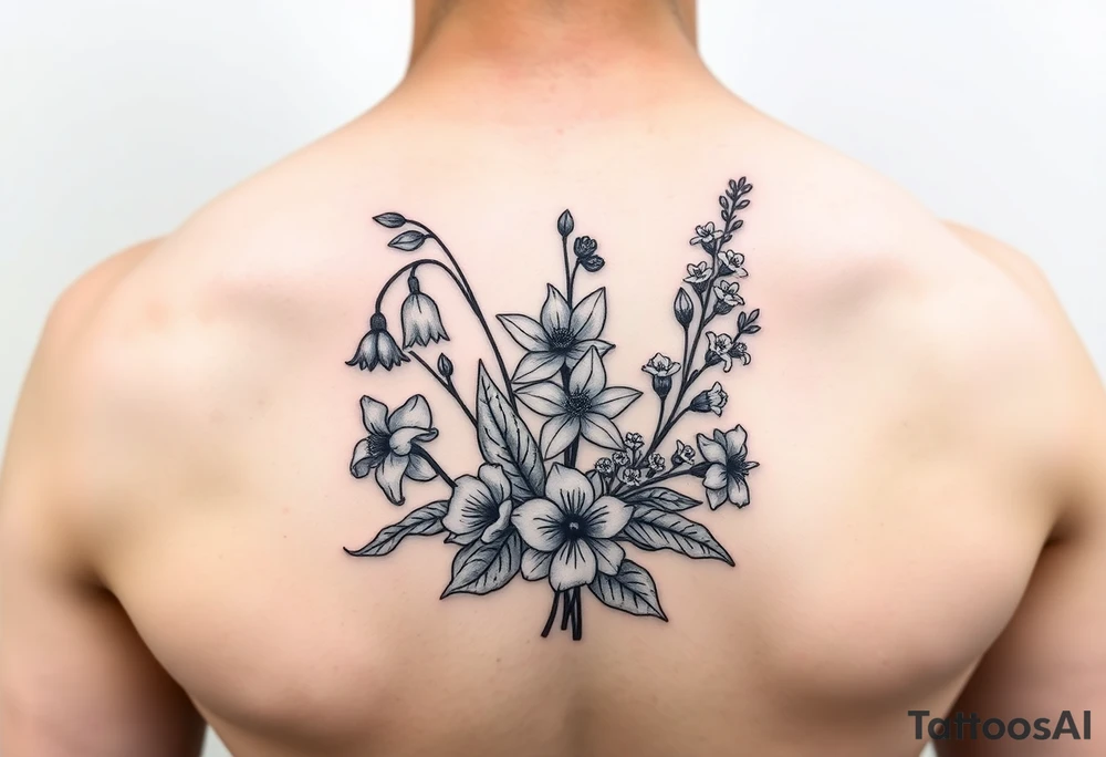 Simple small design in black bunch of flowers 1 lily of the valley 1 daffodil 1 holly 1 larkspur tattoo idea