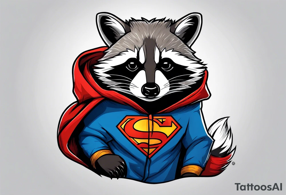 raccoon wearing a Superman hoodie tattoo idea