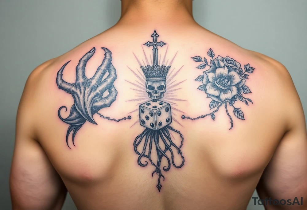 Gods hand, squid, knight with roses and tree roots rolling dice tattoo idea
