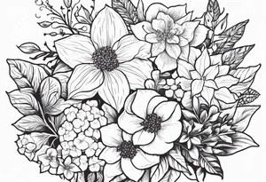 Hydrangea, Narcissus, Poinsettia, Holly, Gladiolus, Poppy, Daisy, Sweet Pea floral bouquet tattoo idea