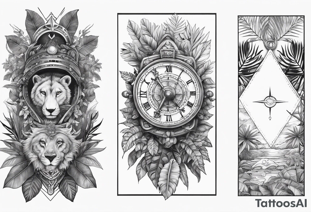 arm sleeve tattoo with The Helm of Awe surrounded by jungle plants tattoo idea