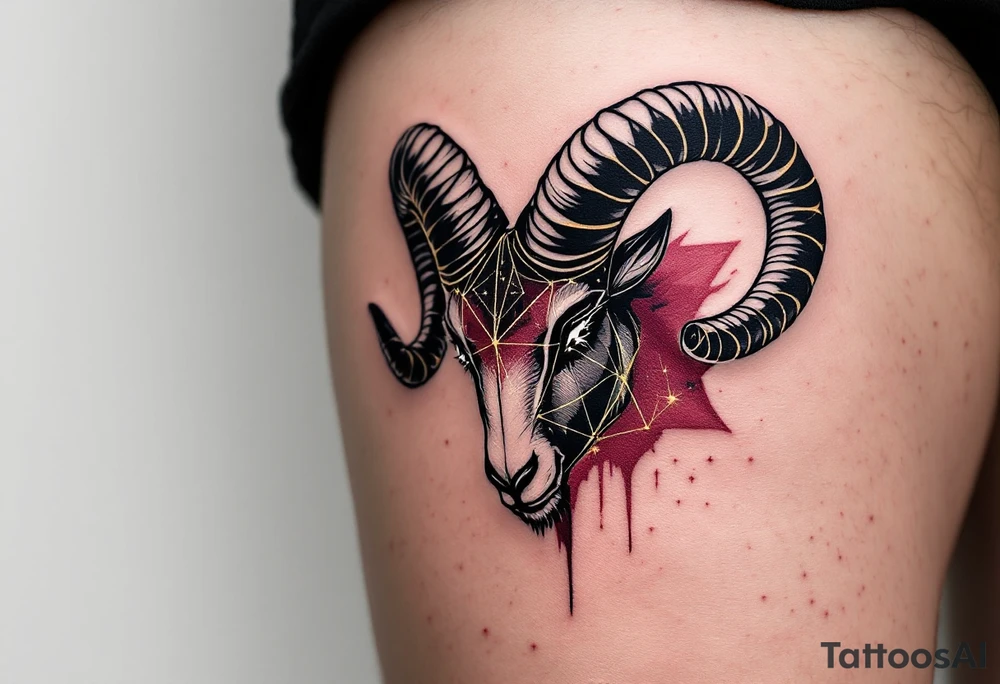 A vibrant Aries zodiac tattoo features the Aries star constellation in gold lines with a fierce ram silhouette in maroon. tattoo idea
