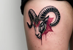 A vibrant Aries zodiac tattoo features the Aries star constellation in gold lines with a fierce ram silhouette in maroon. tattoo idea