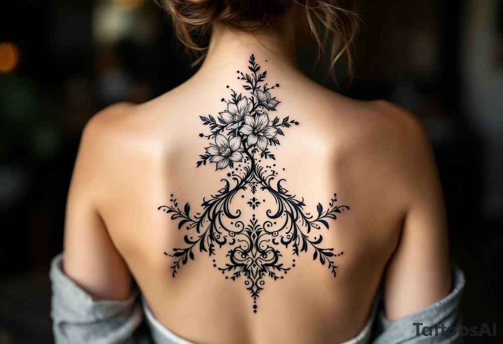 1.	Cherry Blossom Flow (Central Spine): A cascading cherry blossom flowing vertically along the spine to cover the central portion of the existing tattoo. Symmetrical patterns inspired by ornamental designs, with intricate curves and dotwork extending outward from the base of the spine. These elements should balance the floral motif and enhance the lower back area with a decorative, feminine flair.
	3.	Dotwork and Contouring: Delicate linework and dot patterns should be added around the floral design to give texture and seamlessly blend the tattoo with the surrounding skin. The ornamentation should curve naturally along the shape of the body, creating a cohesive, elegant look. tattoo idea