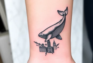 Blue whale flying above nyc tattoo idea