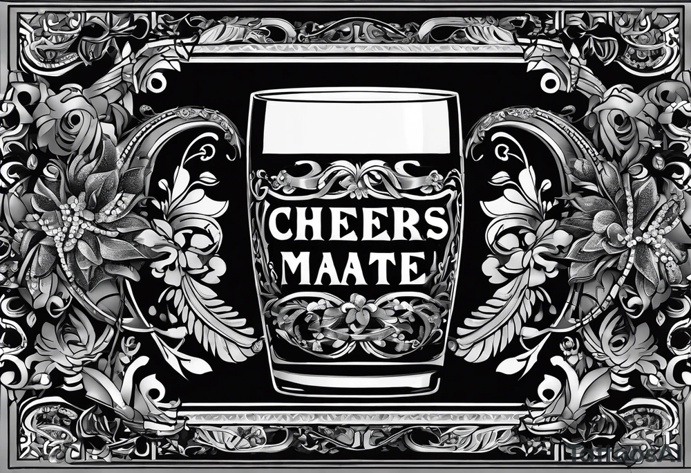 "Cheers Mate" text black and grey ink armband, intricate, artistic +abstract +grey Cancer Ribbon +toasting bourbon glass tattoo idea