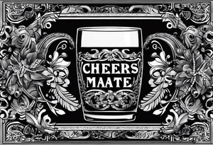 "Cheers Mate" text black and grey ink armband, intricate, artistic +abstract +grey Cancer Ribbon +toasting bourbon glass tattoo idea