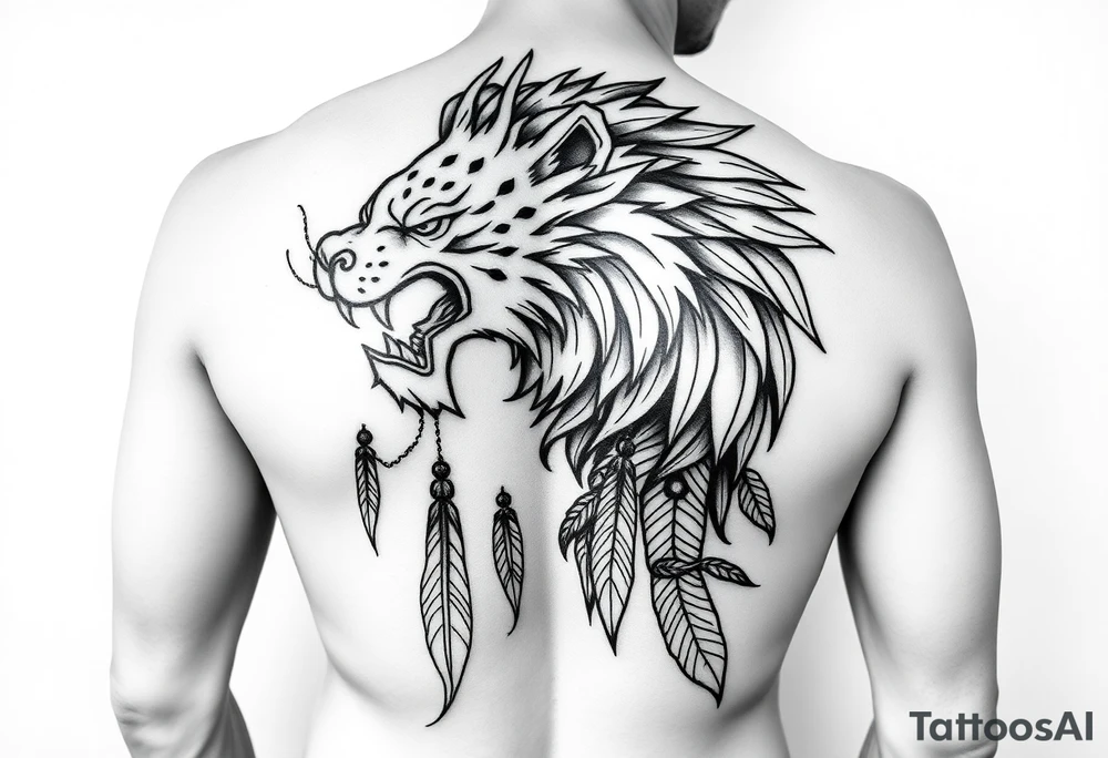 Tribal lion right shoulder to wrap into a sleeve til middle bicep and then a dragon for 2000 Chinese culture to go from side boob to butt maybe middle butt then dream catchers from the end of the dragon to the mid thigh. This needs to be punk girl pin up style female tattoo. Body sleeve. Make it look like the baddest bitch Alive. tattoo idea