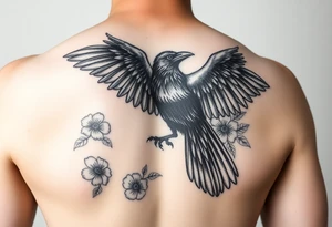 A raven with outstretched wings, surrounded by flowers tattoo idea