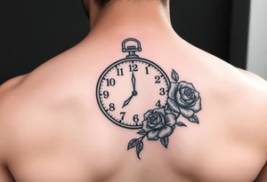 sketch of clock showing time of 12:56 with rose tattoo idea