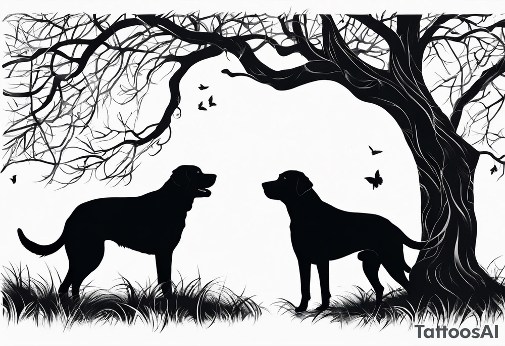 Silouette of a black lab under a bending tree. Wrist size tattoo idea