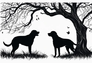 Silouette of a black lab under a bending tree. Wrist size tattoo idea