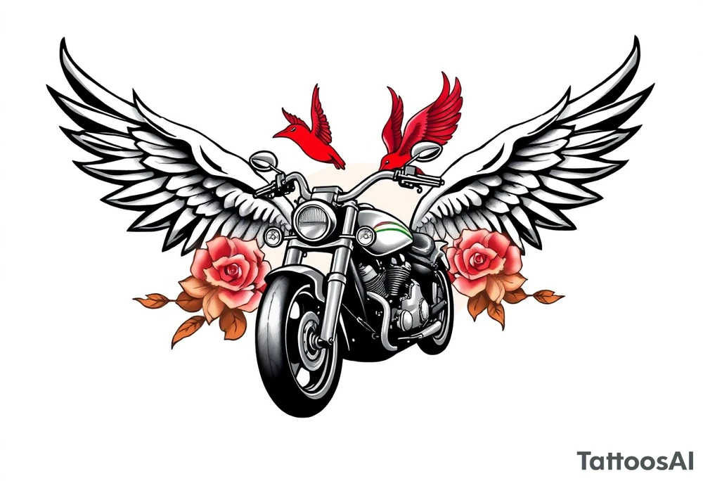 Harley grey motorcycle driving away, two red birds flying, roses, flames, angel wings tattoo idea