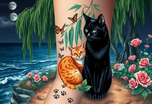 Night time. Ocean.  weeping willow garden with roses and liles flower beds. fantasy creatures, fairies, mermiads, dragons butterflies,  cat paw prints path in dirt. Black cat and orange cat tattoo idea