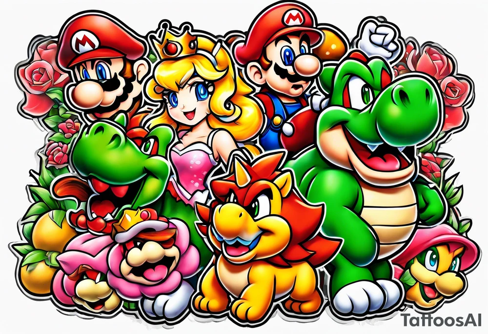 tattoo with bowser holding Mario and Luigi severed heads with princess peach by bowsers side tattoo idea