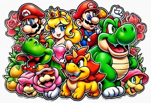 tattoo with bowser holding Mario and Luigi severed heads with princess peach by bowsers side tattoo idea