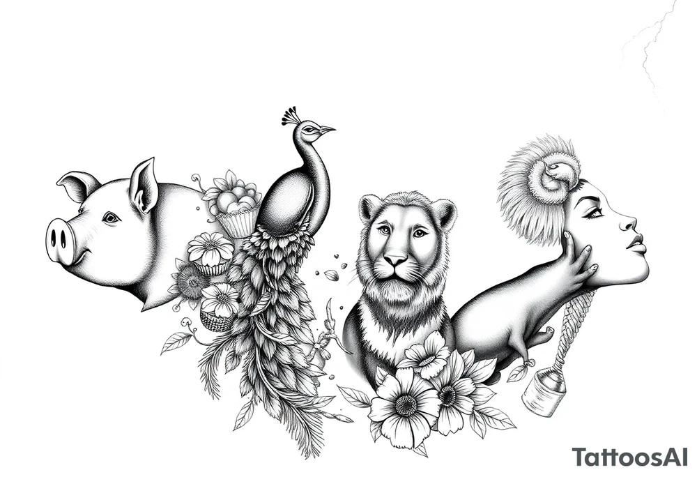 Storm clouds, pig, peacock , fat sexy naked fat woman, cupcakes, noose , money, goat, lion, couple having sex, cigerette storm lightening tattoo idea