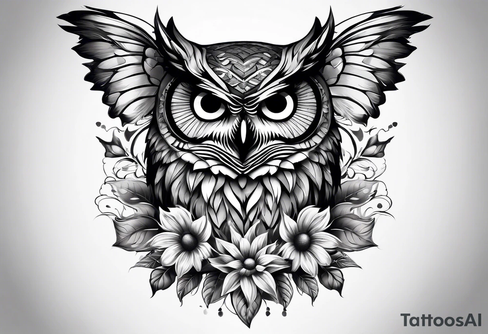 Sleeve with an owl, sunflower and butterfly tattoo idea