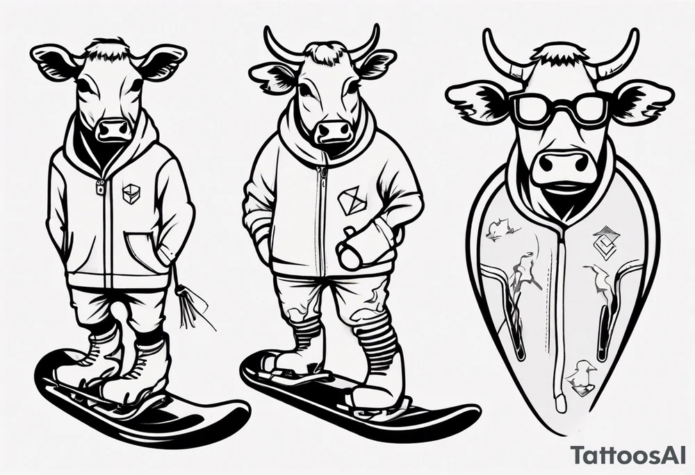 cow snowboarding wearing goggles, very simple linework tattoo idea cow snowboarding wearing goggles, very simple linework tattoo idea