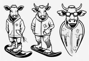 cow snowboarding wearing goggles, very simple linework tattoo idea